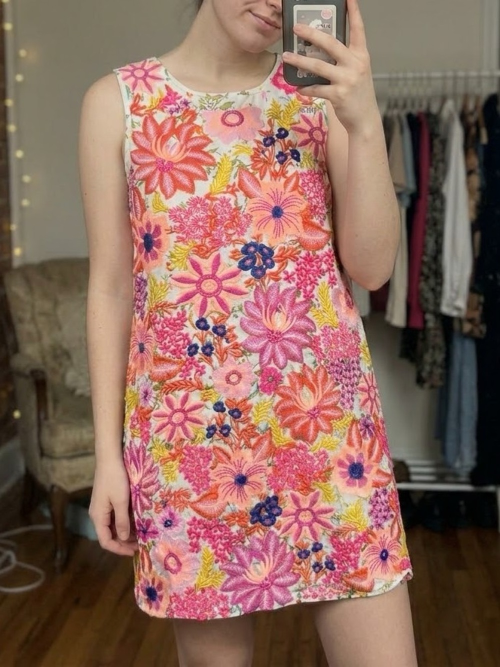 🇬🇧 Cottagecore Fully Embroidered Floral Mini Dress Handmade Garden Retro L - Picture 3 of 16